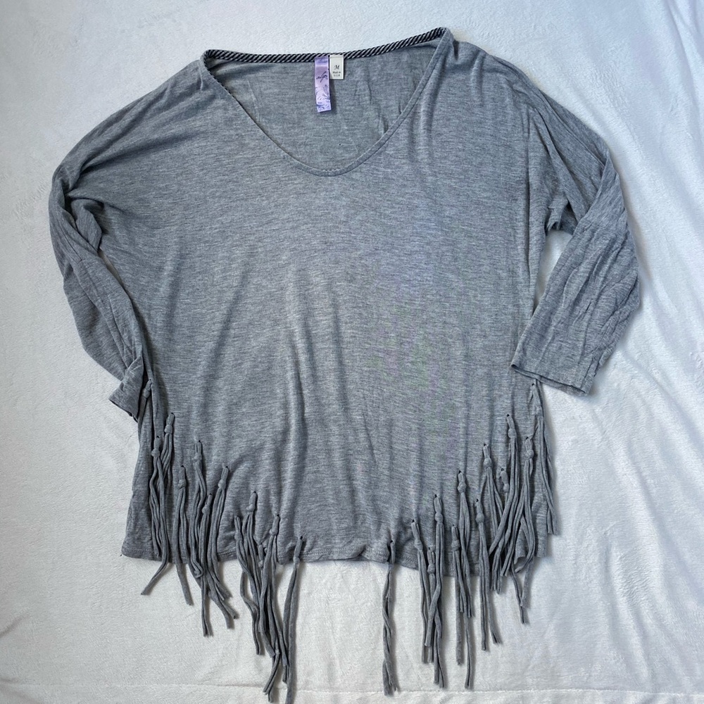Alya 3/4 sleeve V Neck shirt with fringe accents